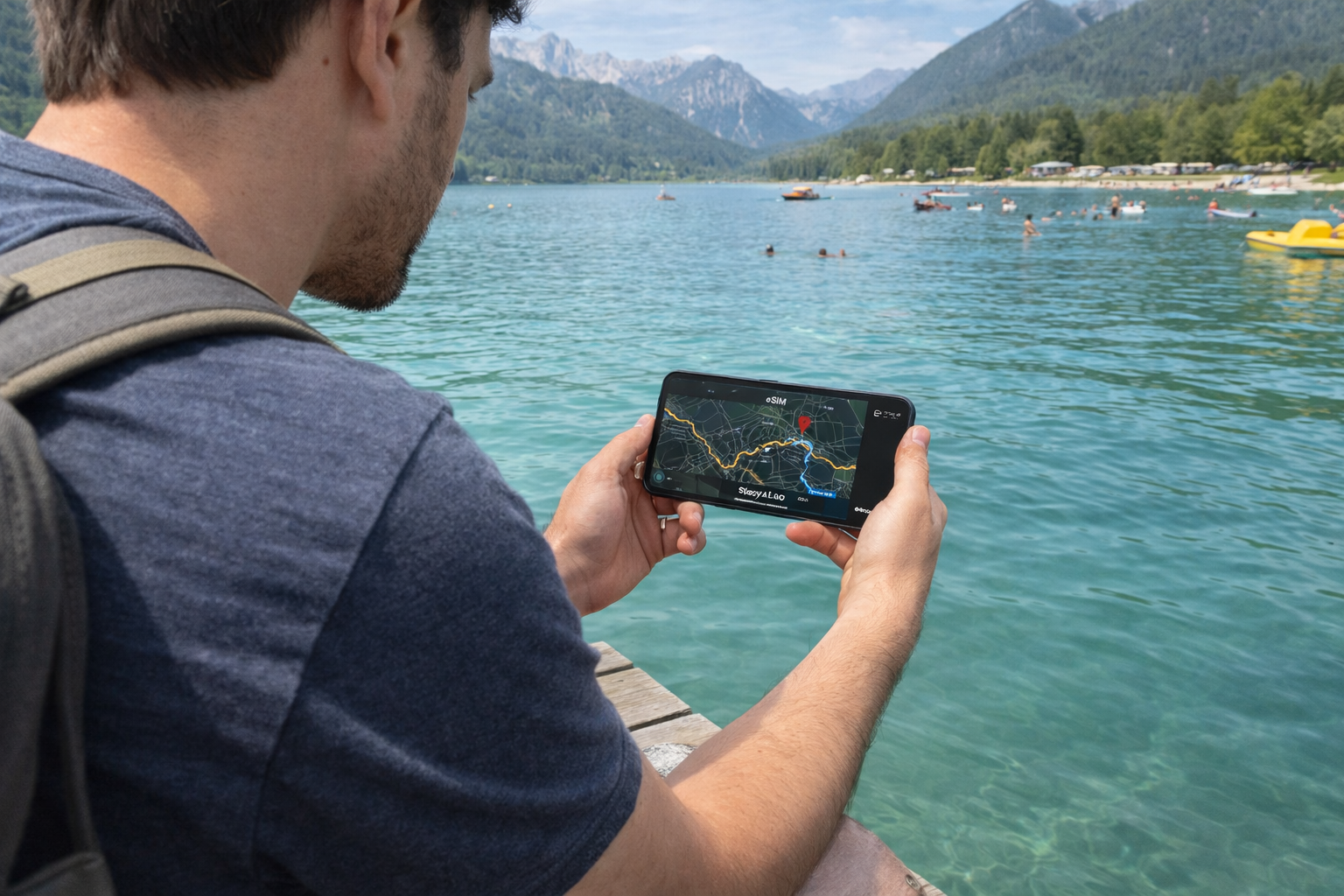 A trekking route in Salzkammergut on a smartphone with an eSIM for traveling in Austria