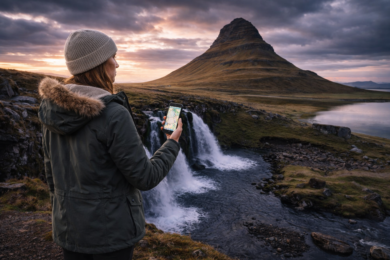 Kirkjufell Islandē ar atpazīstamo kalnu, ūdenskritumu priekšplānā un ceļotāju ar viedtālruni un eSIM foto pieturā