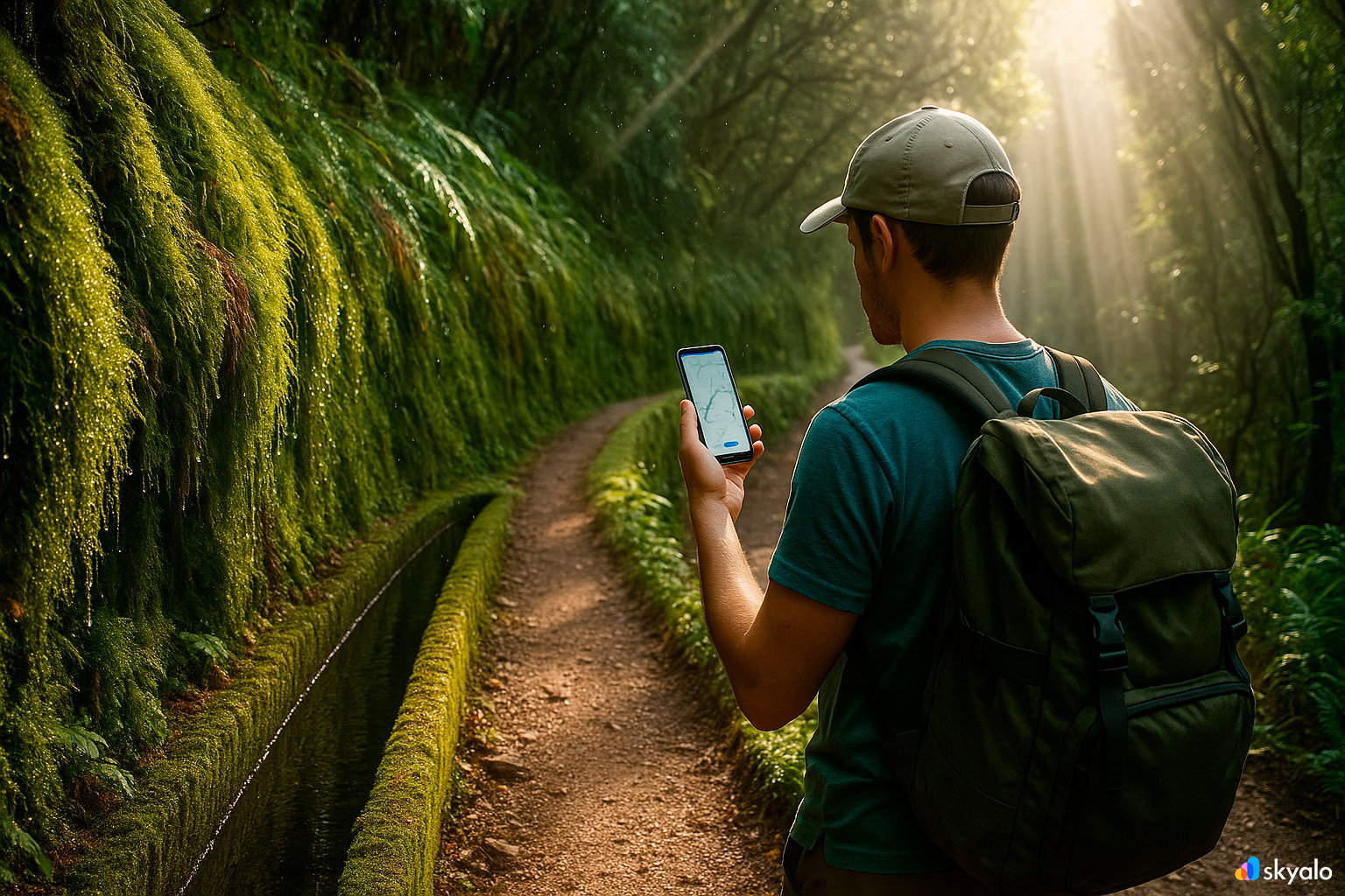Traveler walking a levada on Madeira; route checks anytime with Skyalo eSIM