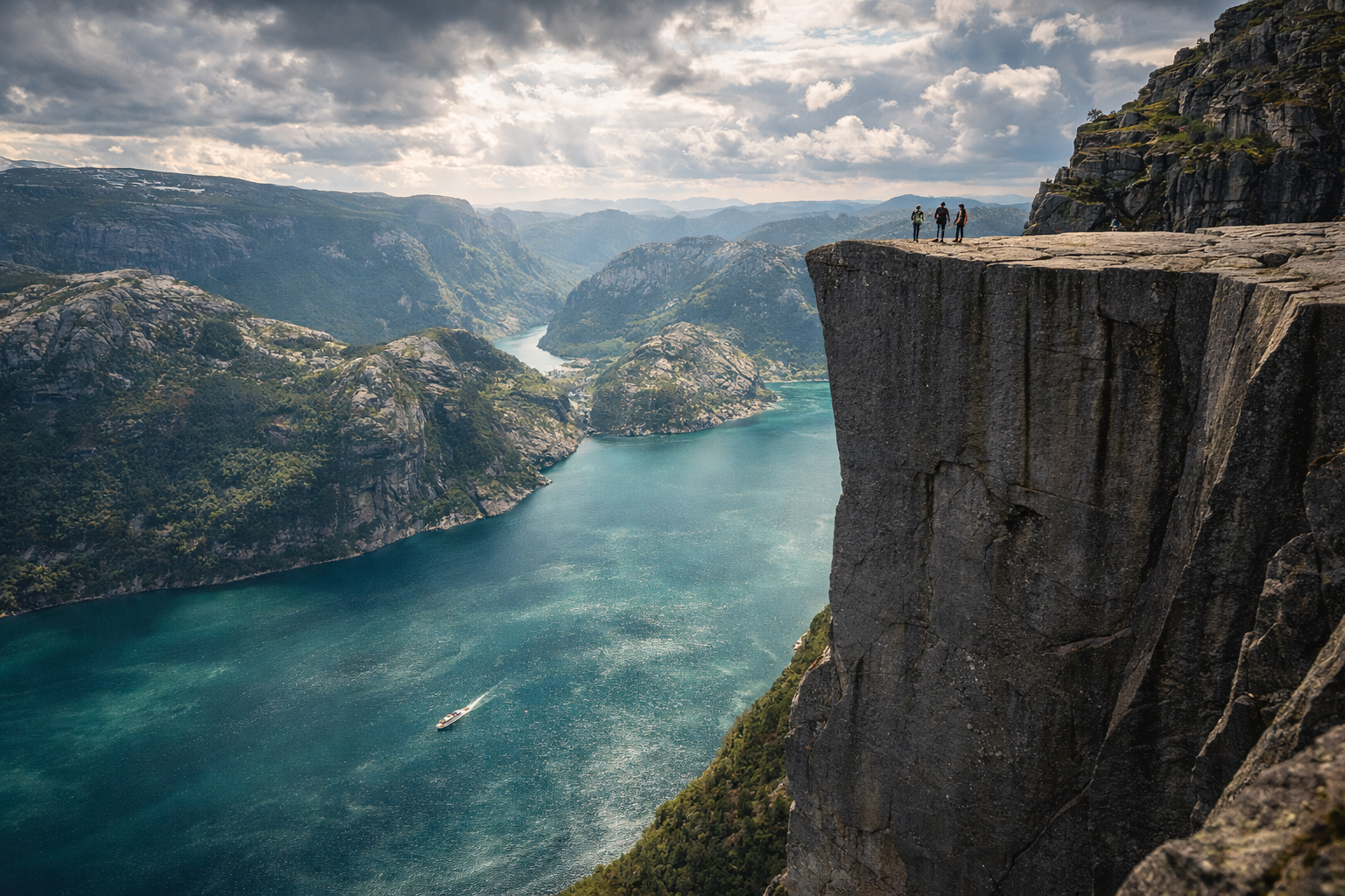 Preikestolen cliff above Lysefjord – tourists at the top of Norway’s famous cliff