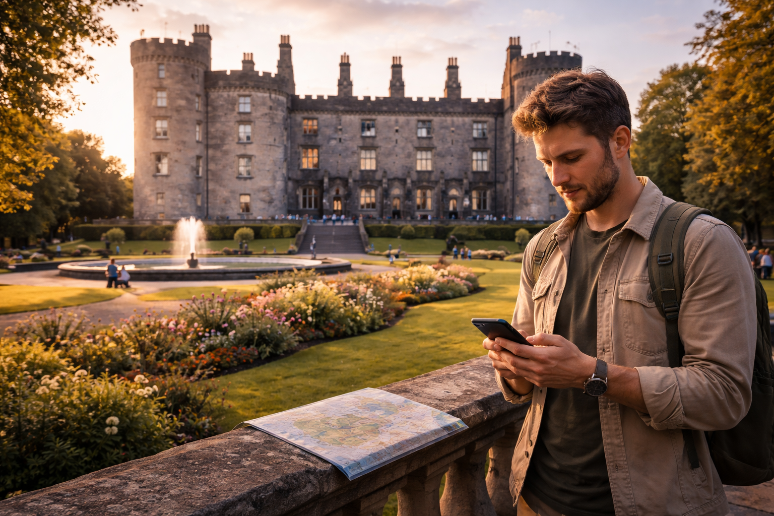 טירת קילקני עם אדריכלות היסטורית מרשימה, שטח מטופח ואווירה של מתחם אצולה עתיק.