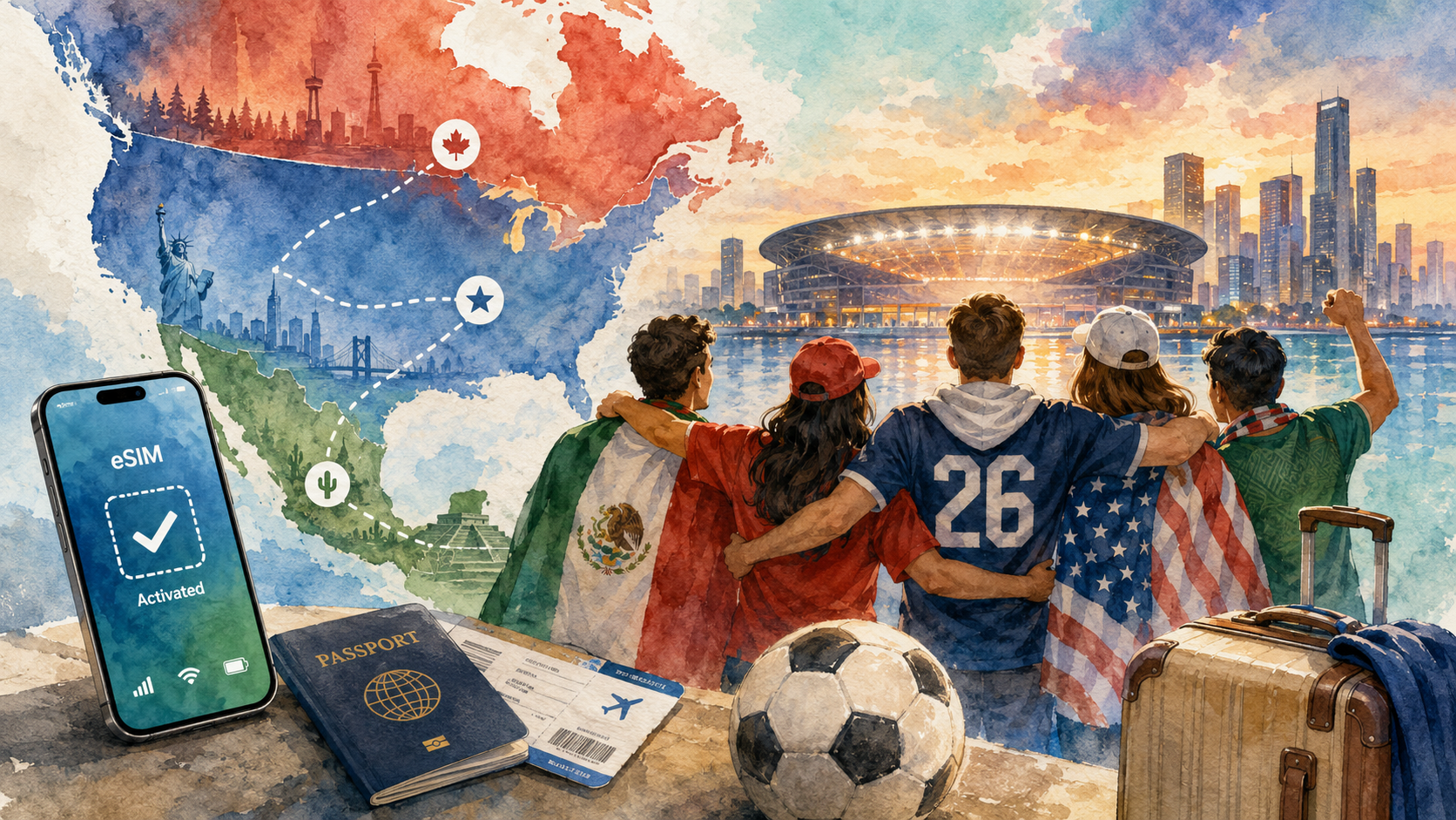 Fans looking at the 2026 World Cup stadium with an eSIM phone, North America map, passport, ticket, ball, and suitcase
