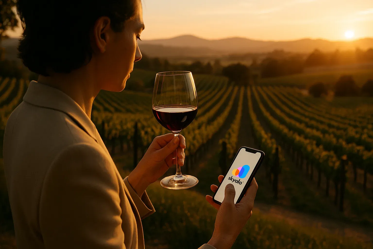Долина Напа: красивая девушка с бокалом вина и смартфоном
