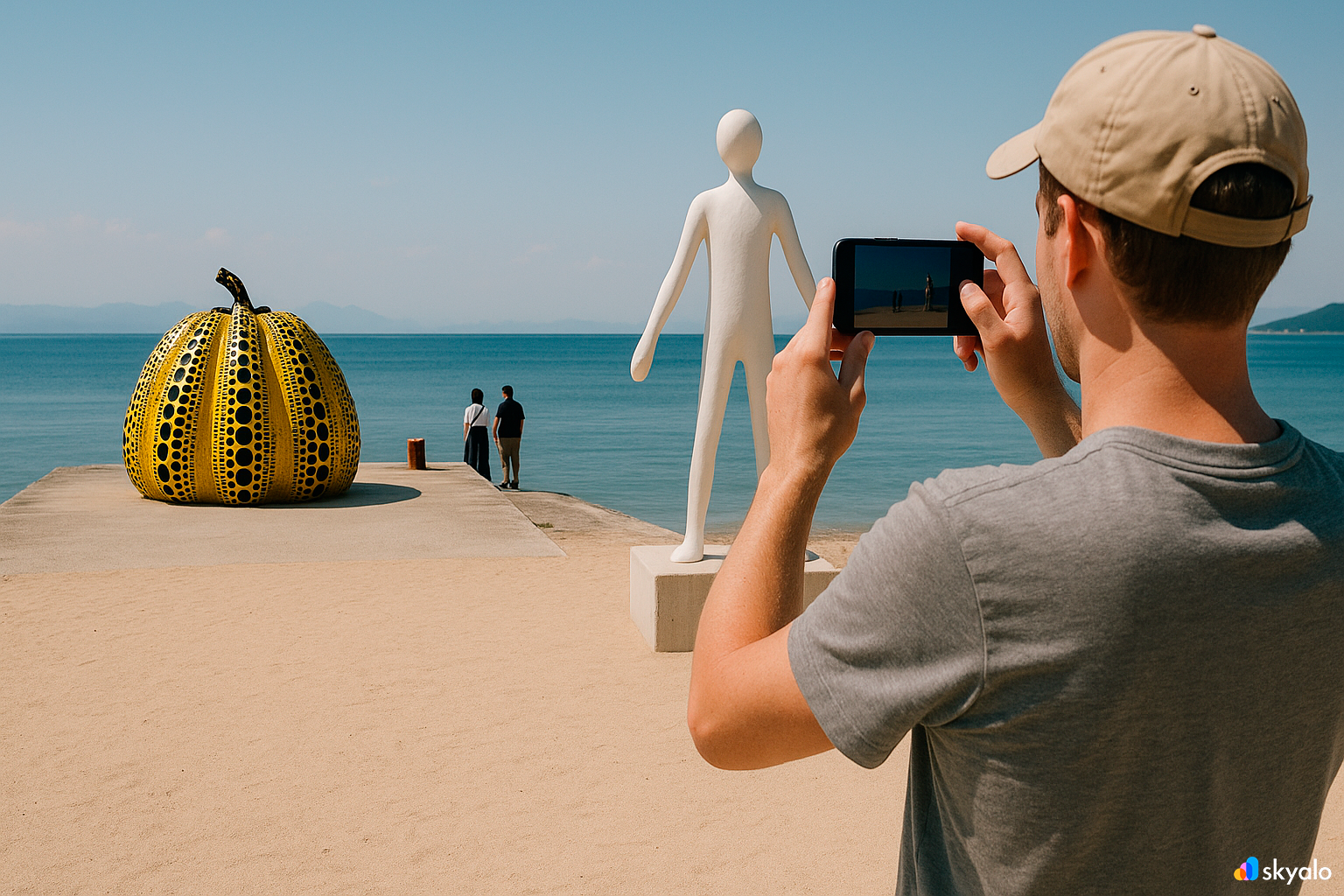 Tourists walking and photographing art installations along Naoshima’s coast; calm water and minimalist lines