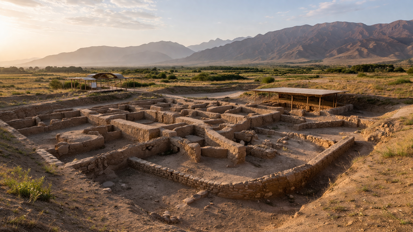 המתחם הארכיאולוגי סרזם בטג'יקיסטן עם שרידים עתיקים של יישוב, נוף פתוח ואור טבעי רך.