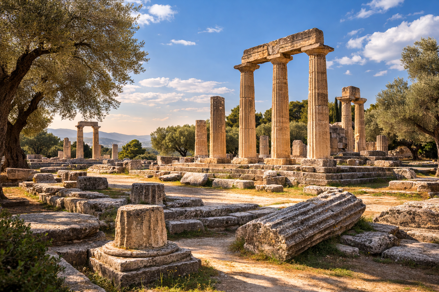 Ruins of ancient Olympia among green hills