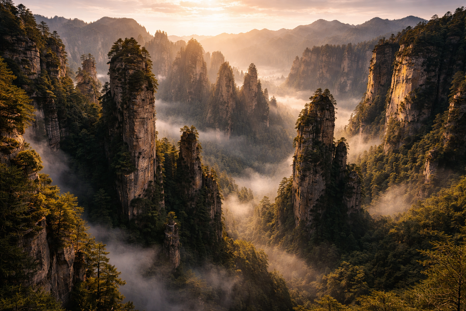 Zhangjiajie mountains with stone pillars among the clouds