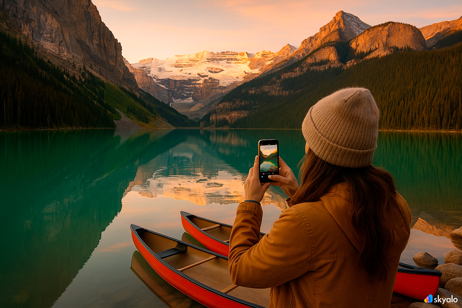 Woman photographing Moraine Lake at sunrise; turquoise reflections and sharp peaks mirrored in the water