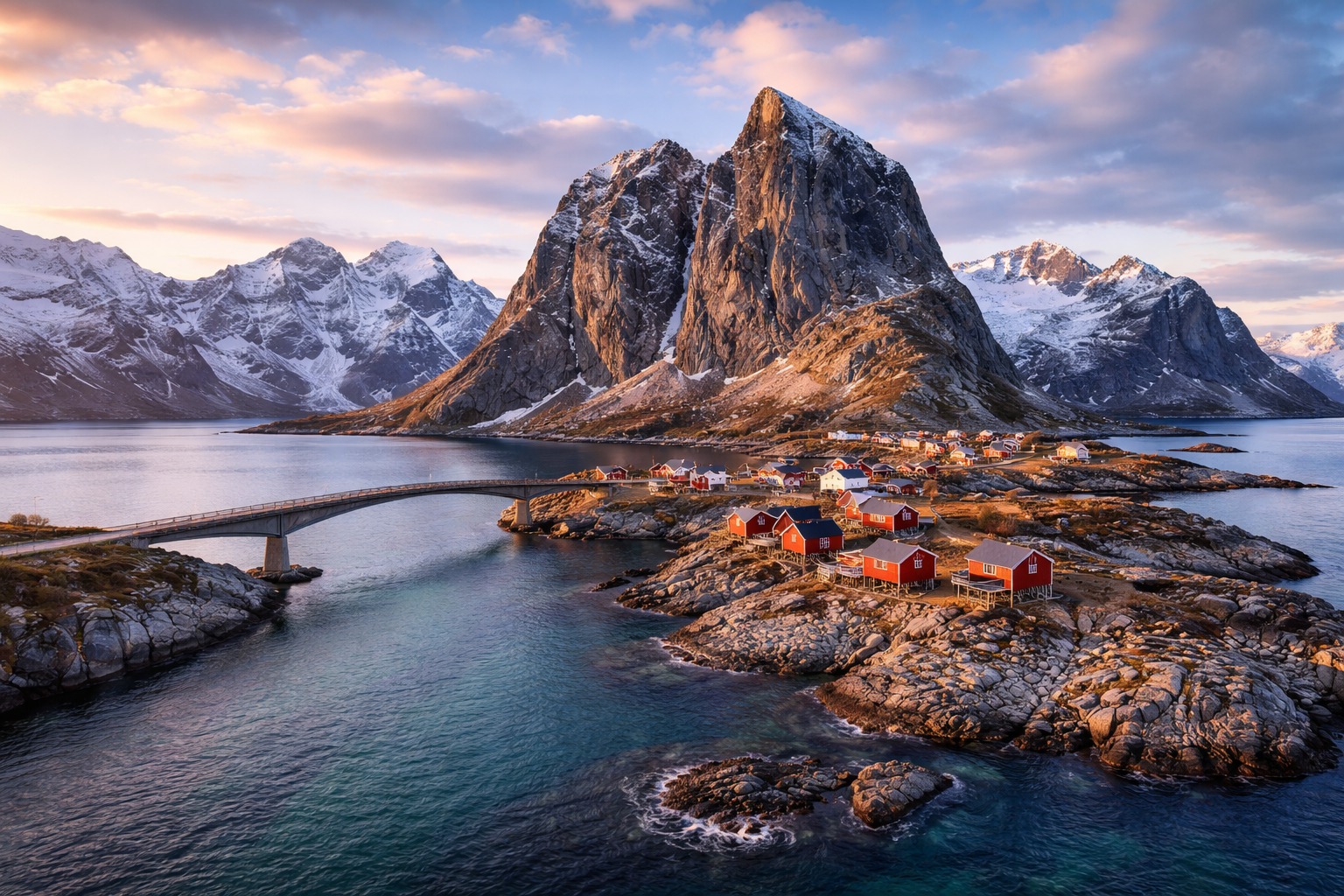 Hamnøy Bridge in Lofoten – a panorama of mountains and a fishing village