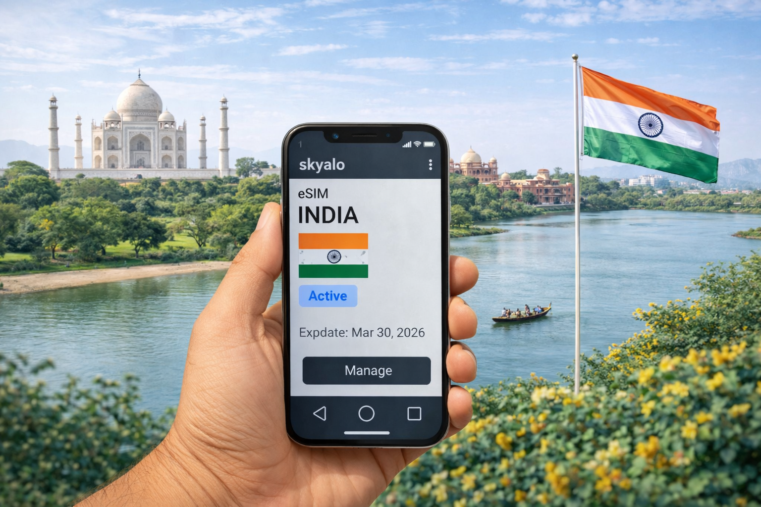 اسمارٹ فون جس میں Skyalo ایپ میں India eSIM فعال ہے، تاج محل، دریا اور ہندوستانی پرچم کے پس منظر میں دھوپ والے دن کے ساتھ۔