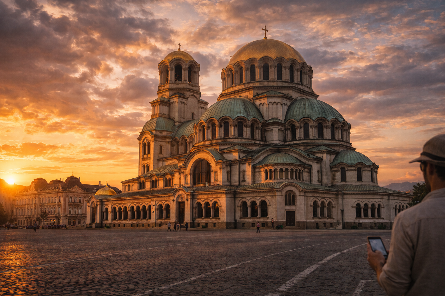 Alexander Nevsky Cathedral in Sofia at sunrise and tourists exploring the city using eSIM internet