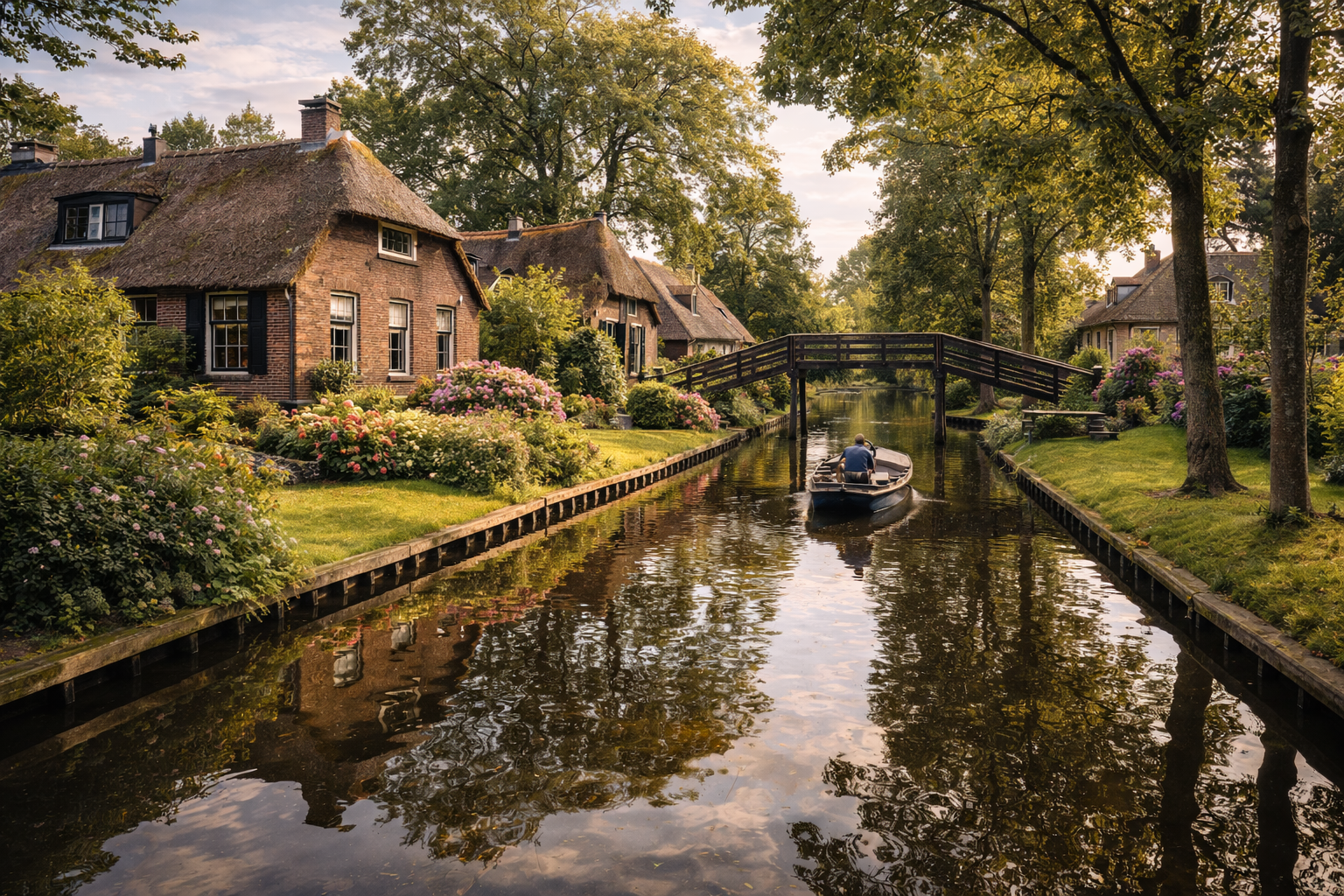 A canal in Giethoorn with thatched-roof houses