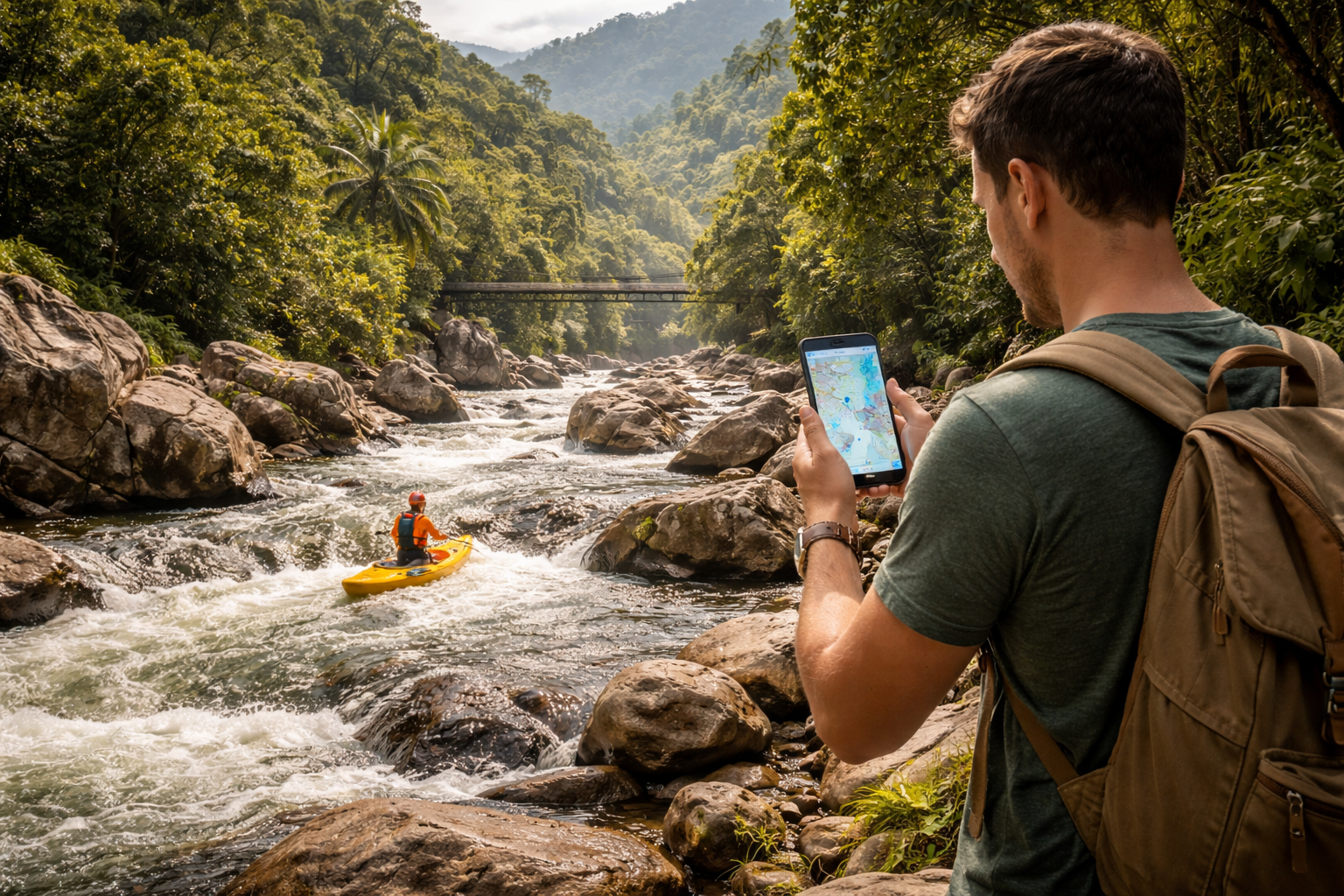 נהר סוער ריו קנגחראל בהונדורס בין סלעים וירק טרופי, ולצדו מטייל עם סמארטפון ו-eSIM פעילה