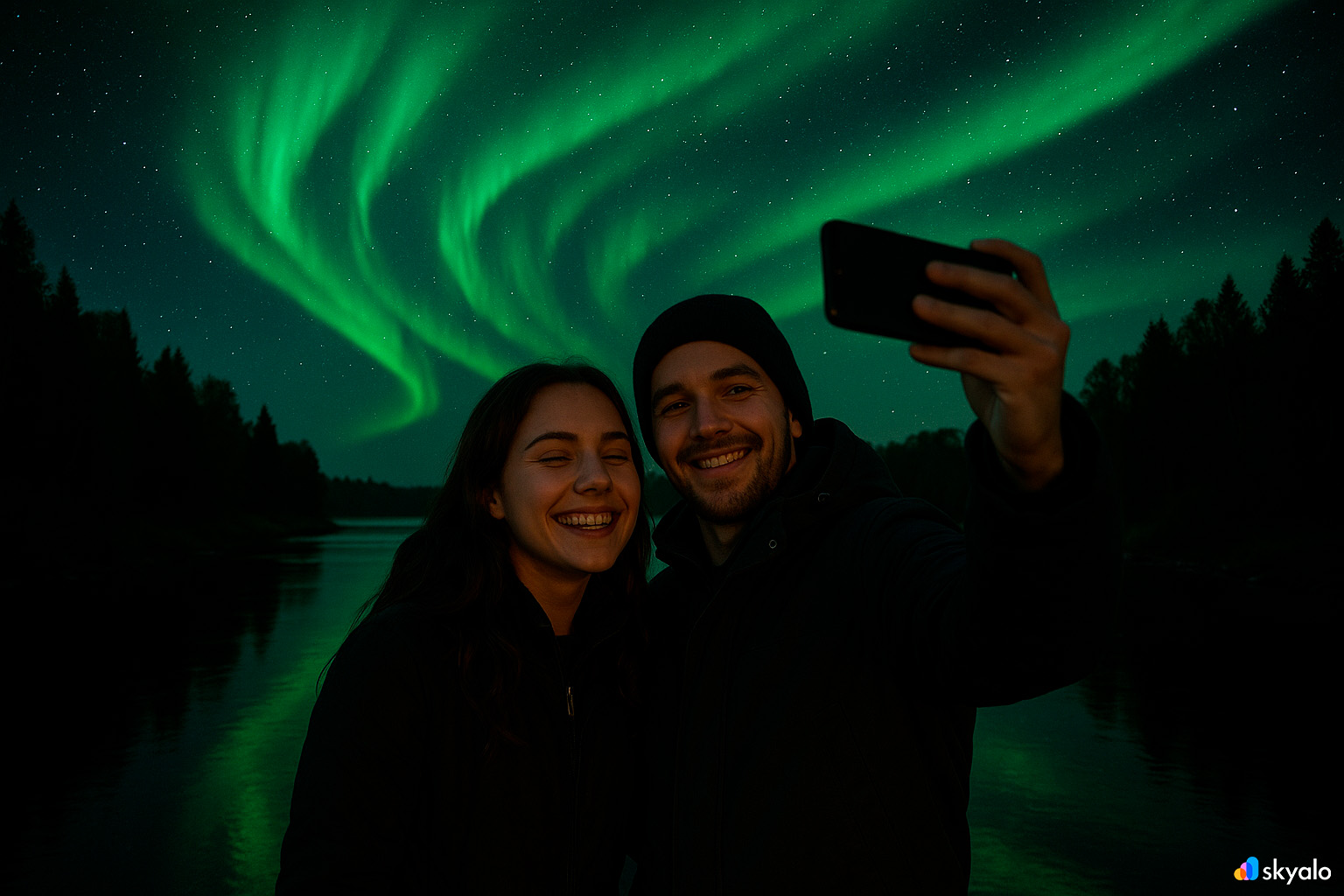 Couple taking selfie under aurora near Whitehorse; forest, river, and glowing sky in silence