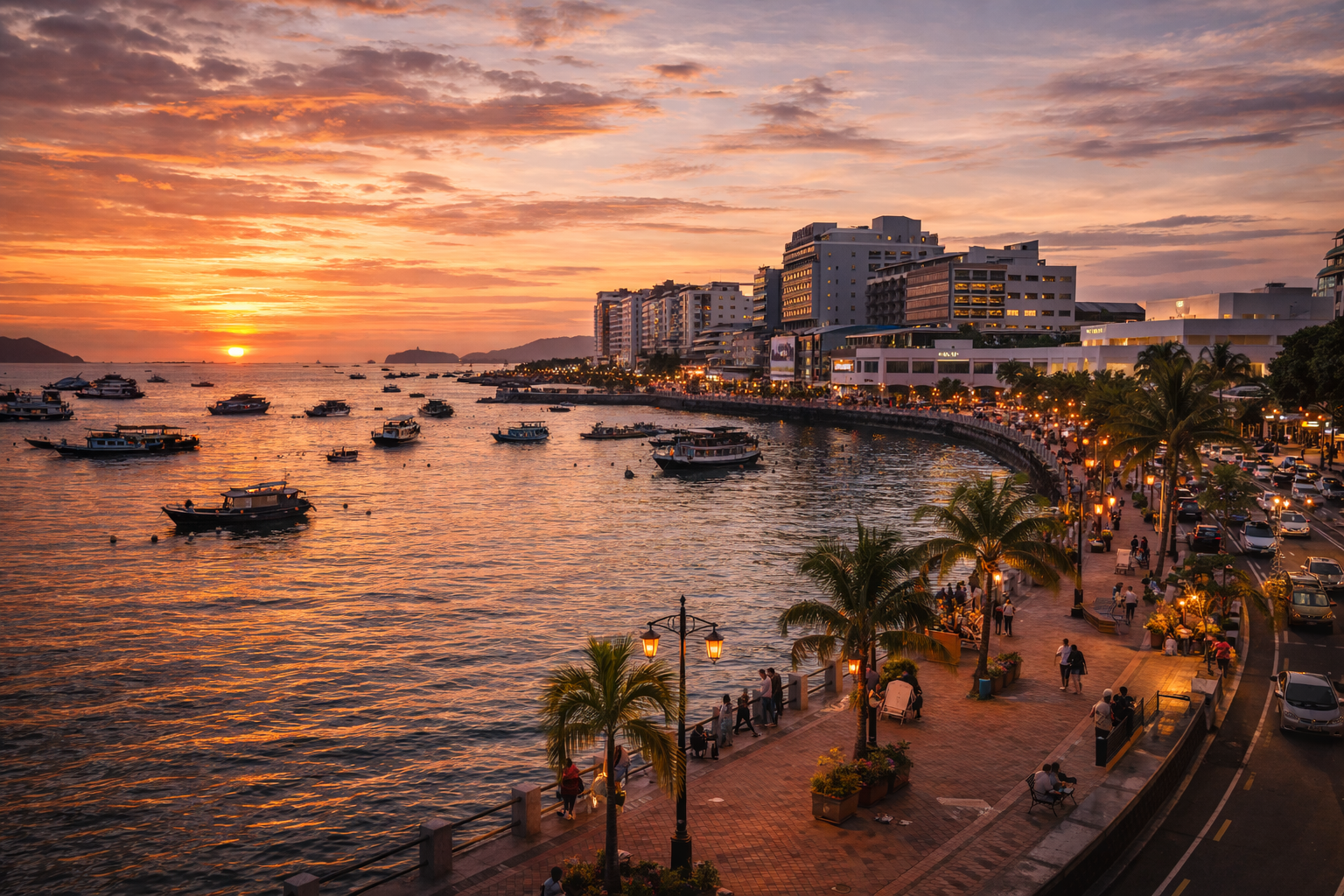 Кота-Кинабалу на побережье с набережной, лодками, мягким закатным светом и атмосферой морского города на Борнео