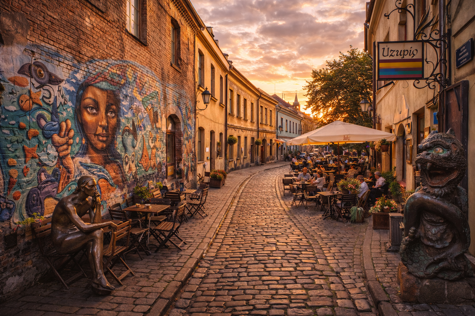 Art-filled streets of the Užupis district in Vilnius