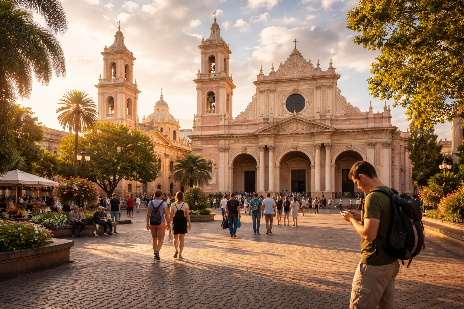Plaza 9 de Julio in Salta and a tourist searching for a café online via eSIM