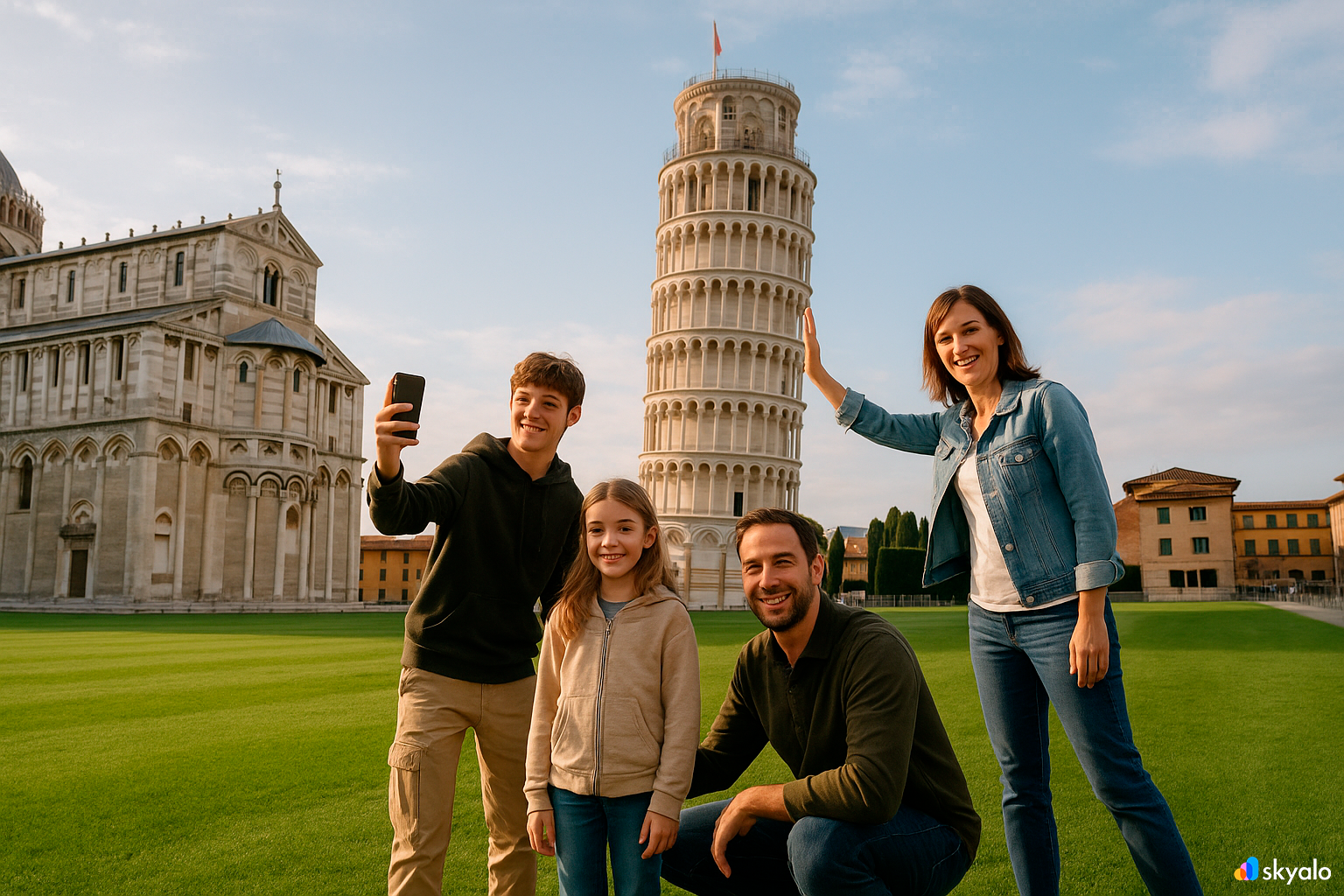 Семейное фото у падающей башни — утро, туристов почти нет