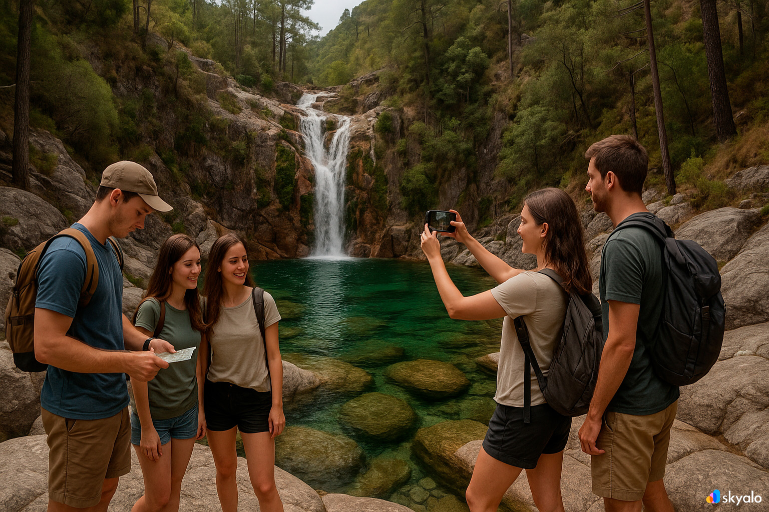 Friends photographing a Peneda-Gerês waterfall; granite pools of clear water