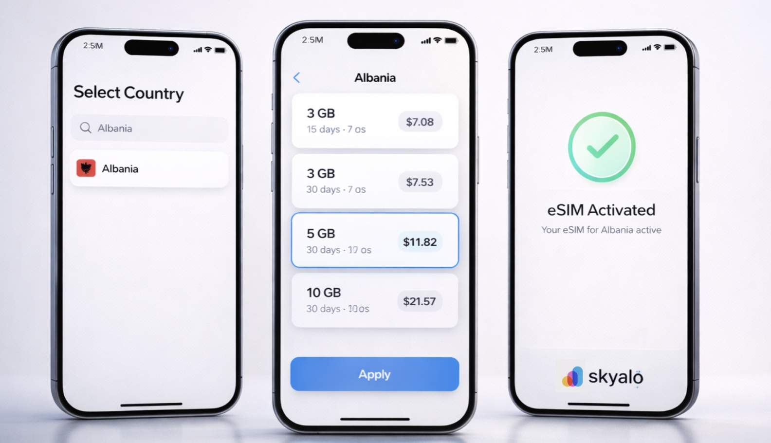 Three modern smartphones on a light gray background showcase the Skyalo app—country selection Albania, a list of plans 3 GB, 5 GB, 10 GB with an Apply button, and an eSIM activation success screen.