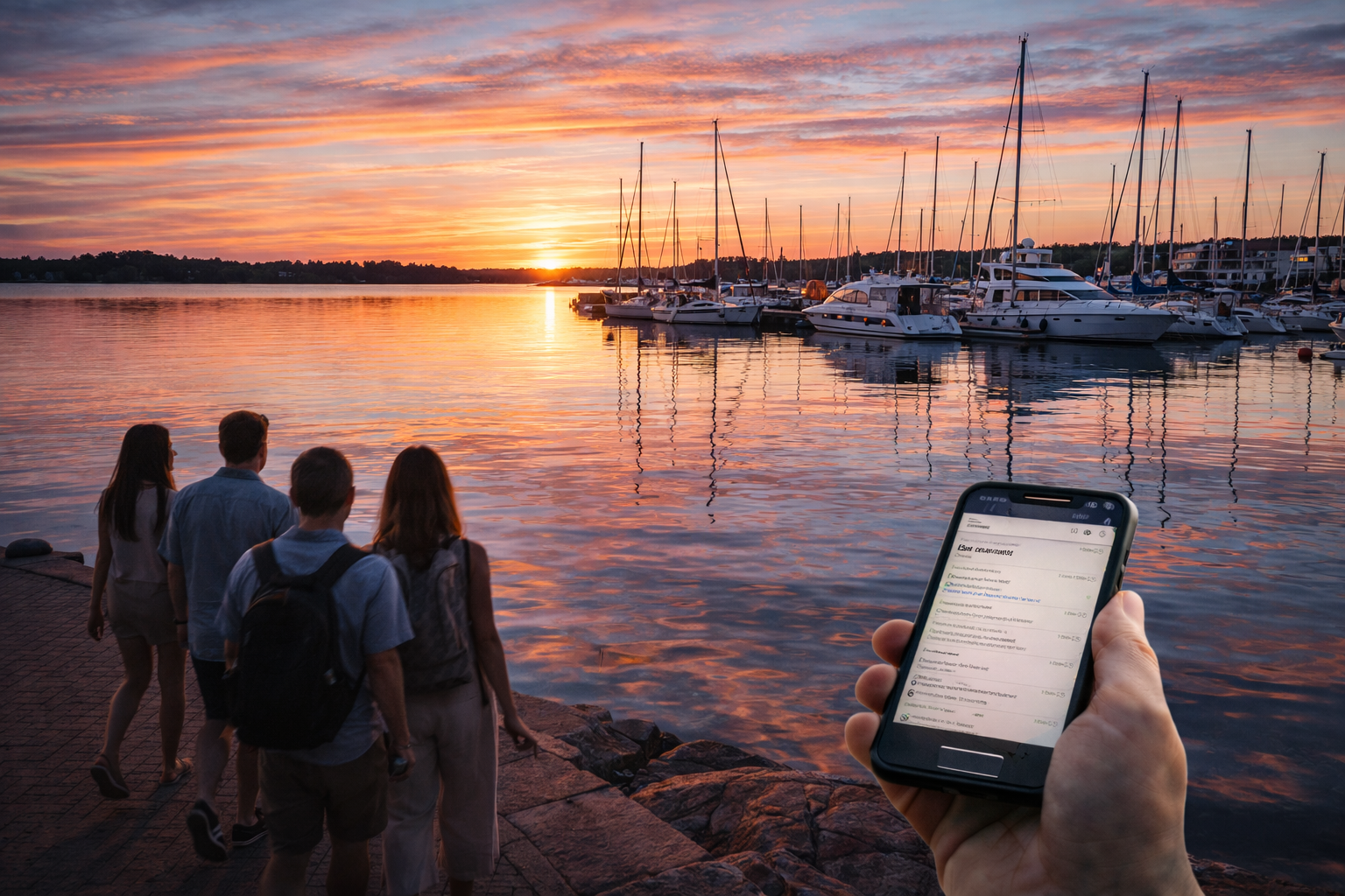 Evening in Mariehamn harbor with yachts and tourists using an eSIM-enabled smartphone