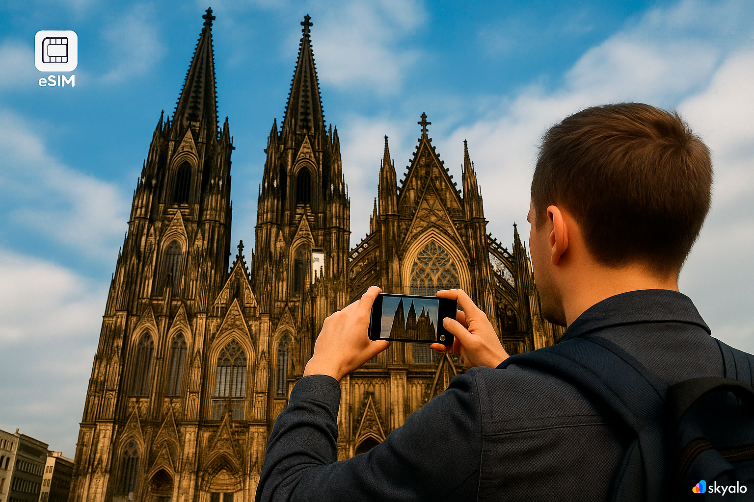 Cologne Cathedral; a tourist is taking pictures of stained glass windows, connectivity everywhere via eSIM