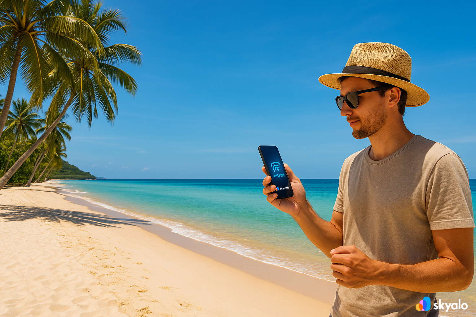 White sandy beach of Phu Quoc Island, traveler using Skyalo eSIM to book tours and share turquoise water shots instantly