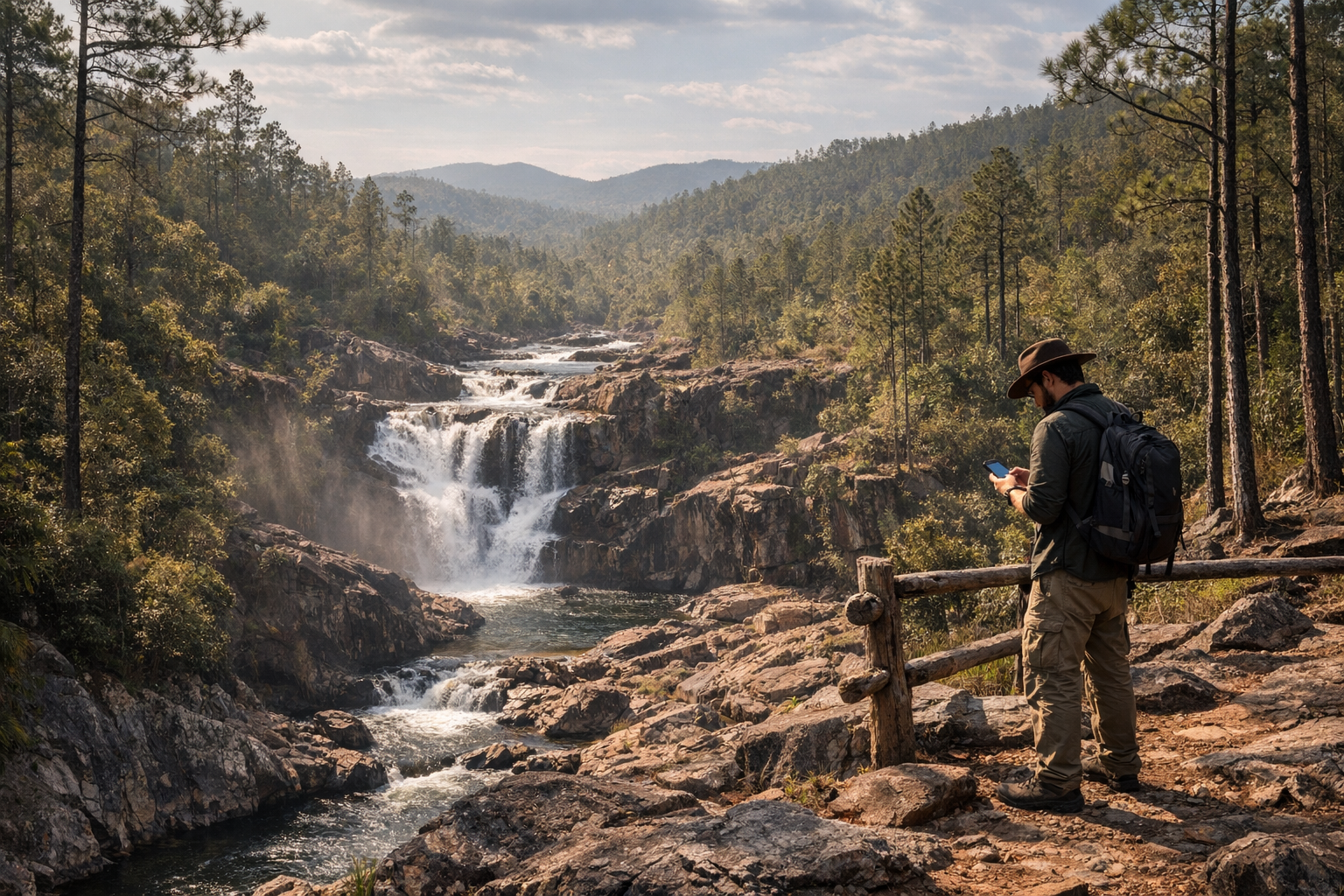 Гірський ліс Маунтін-Пайн-Ридж, мандрівник дивиться карту в телефоні