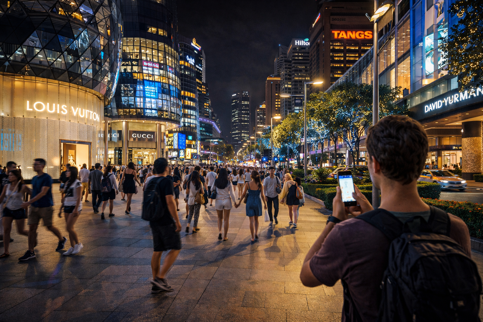 A lit-up Orchard Road with shopping malls.