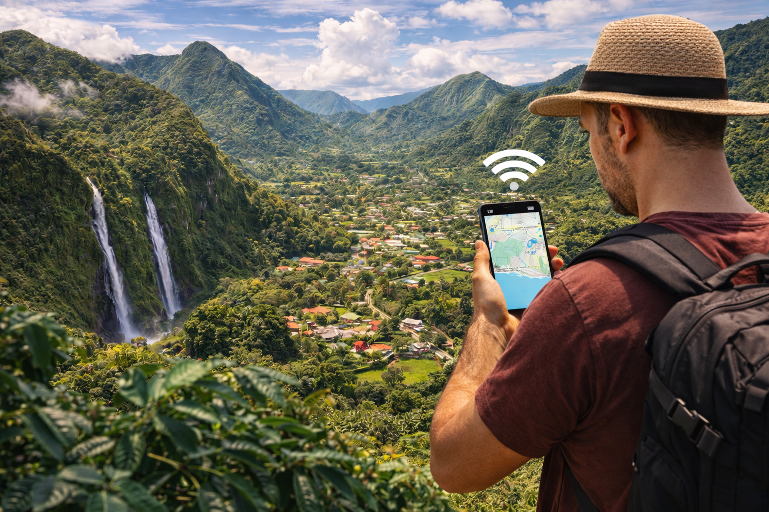 Anton Valley in a volcanic crater and a traveler with a smartphone using an eSIM