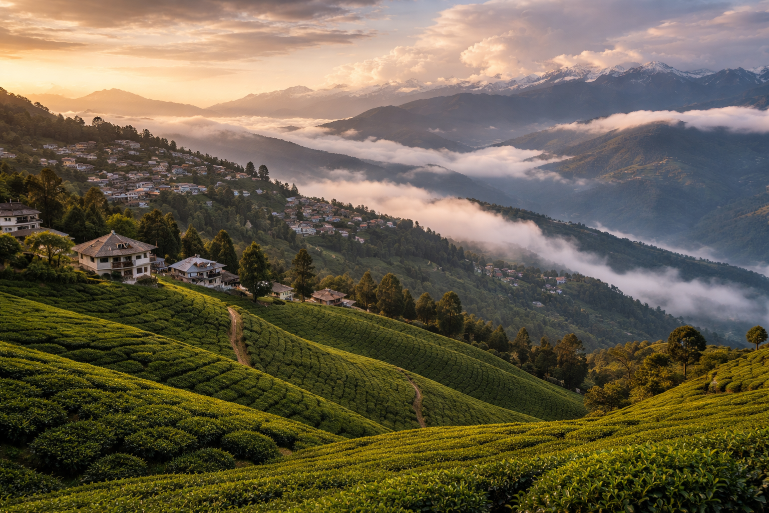 دارجلنگ کی چائے کی ڈھلوانیں، سبز پہاڑیاں، ہلکی دھند اور ہندوستان کے ٹھنڈے پہاڑی خطے کی نرم فضا۔