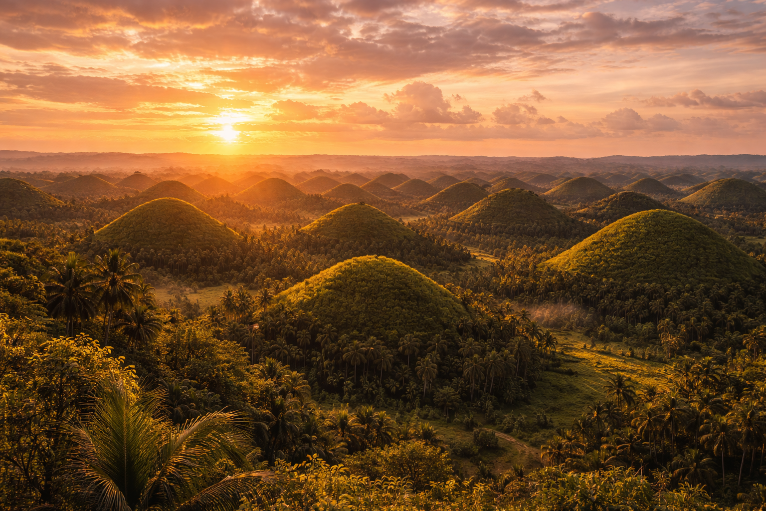 The Chocolate Hills of Bohol Island amid the Philippines’ tropical nature.