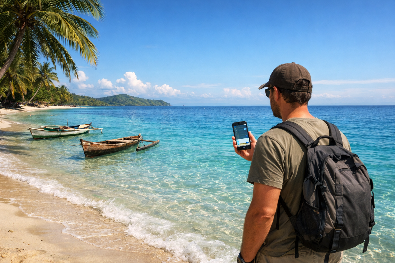 Nosy Be beach with boats and a traveler holding a smartphone with an eSIM
