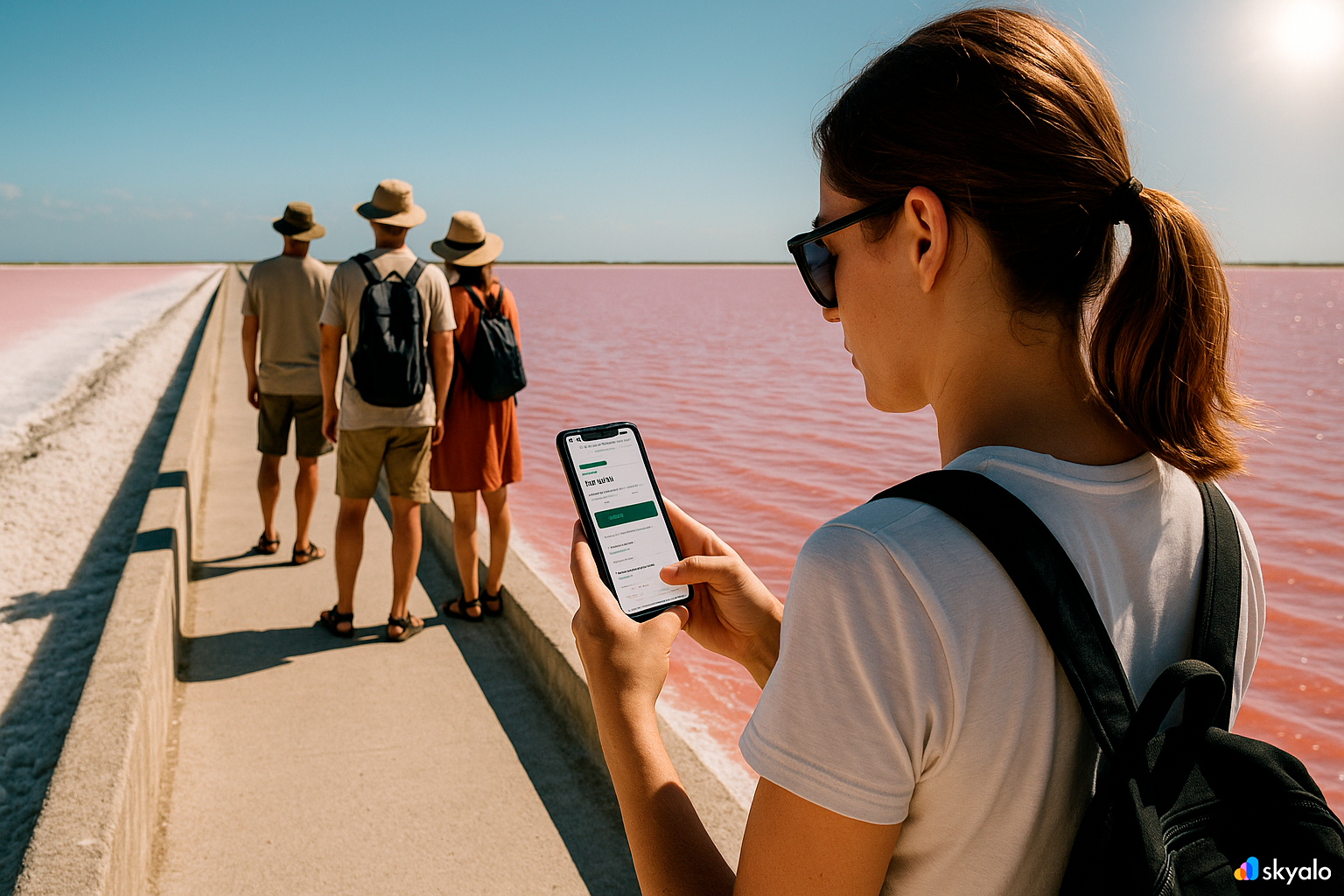 Tourist group on the dike above a pink lagoon; woman checking the tour schedule, online via eSIM