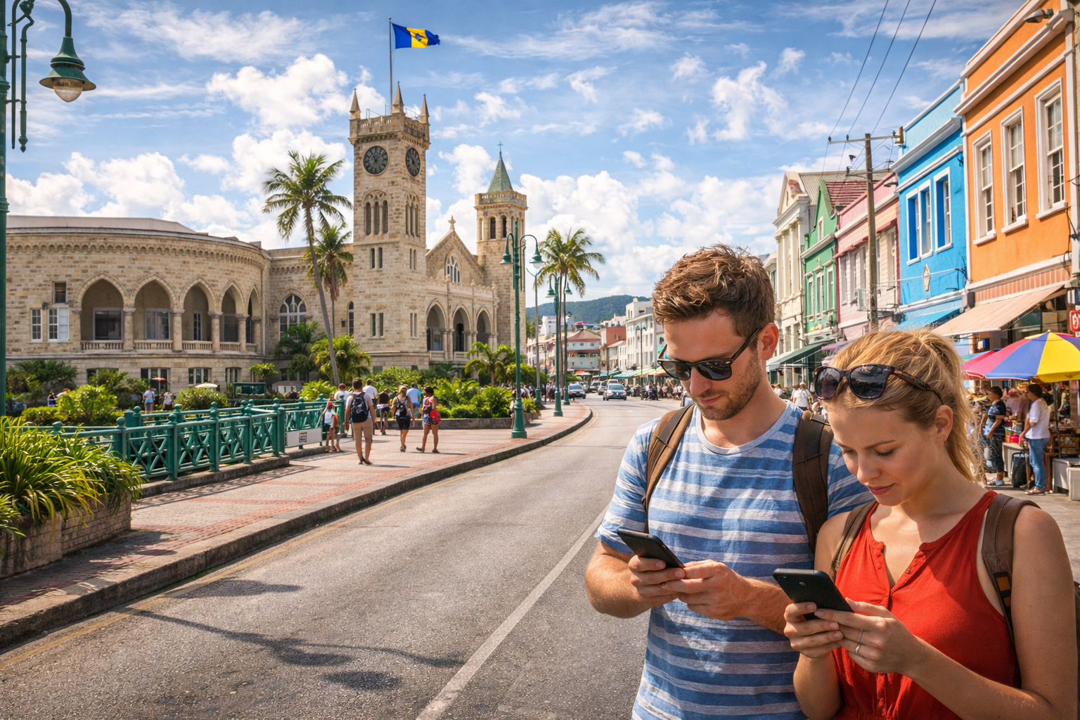 Centro storico di Bridgetown, Barbados: un turista usa la eSIM per navigare in città