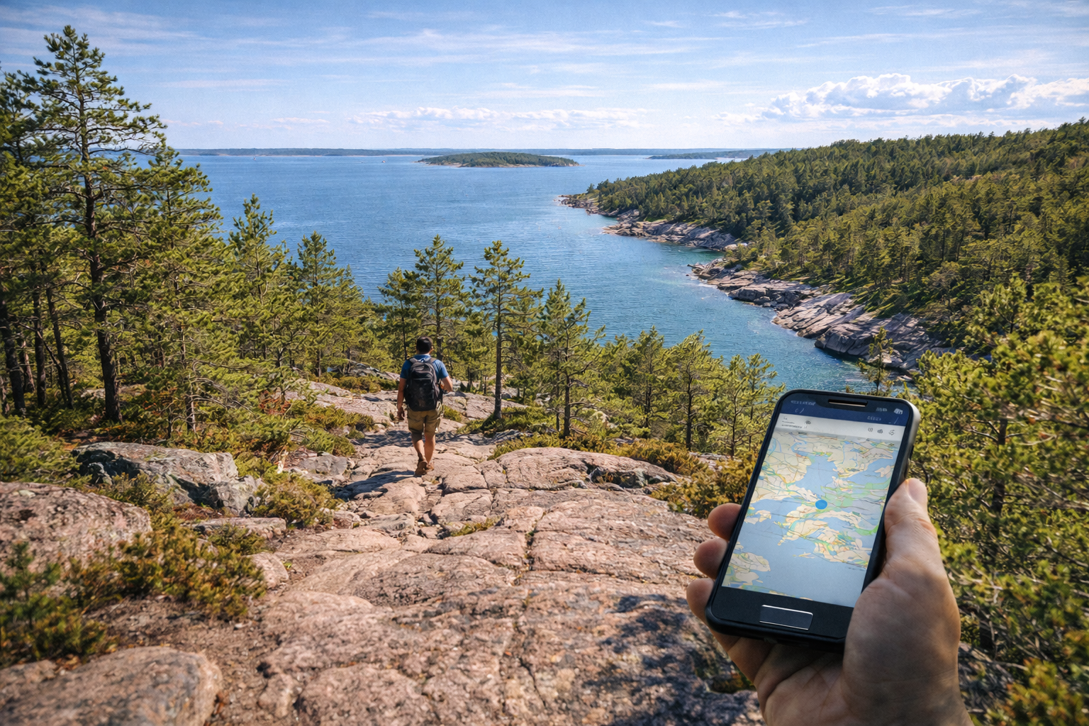 Åland Islands National Park with granite cliffs, pines, and a tourist with an eSIM-enabled smartphone