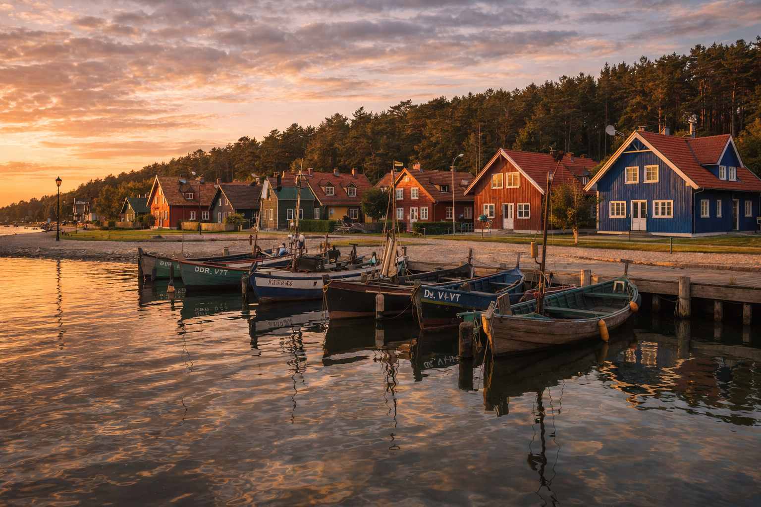 The fishing village of Juodkrantė on the Curonian Spit with boats and wooden houses