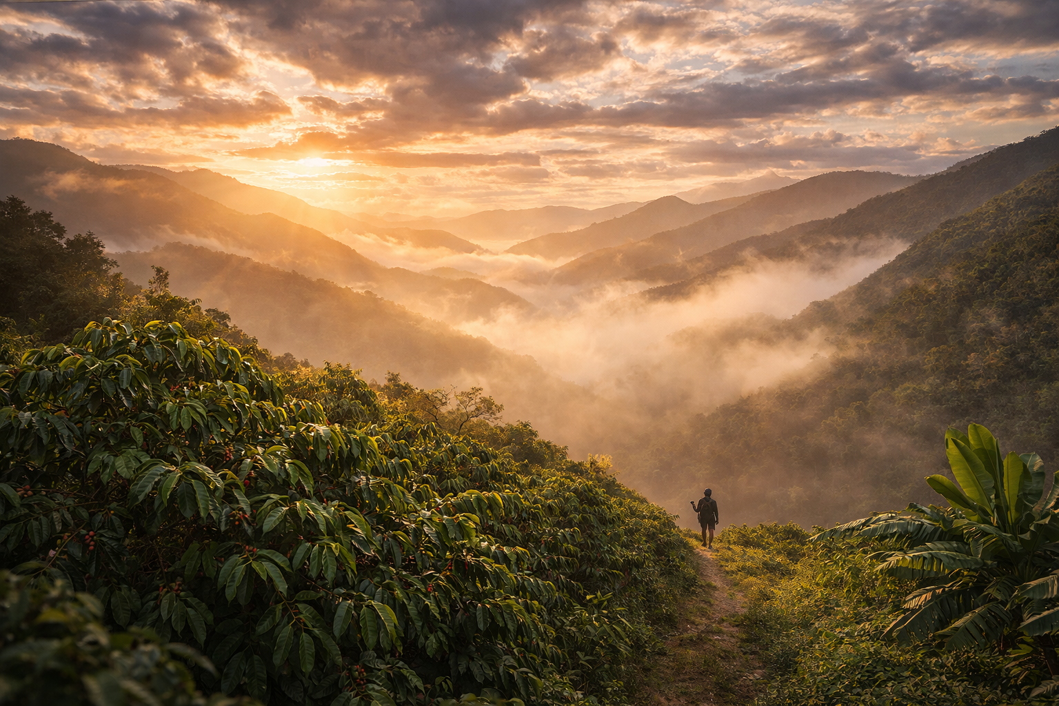 Sunrise in Jamaica’s Blue Mountains, a tourist mid-frame checking a map on a smartphone