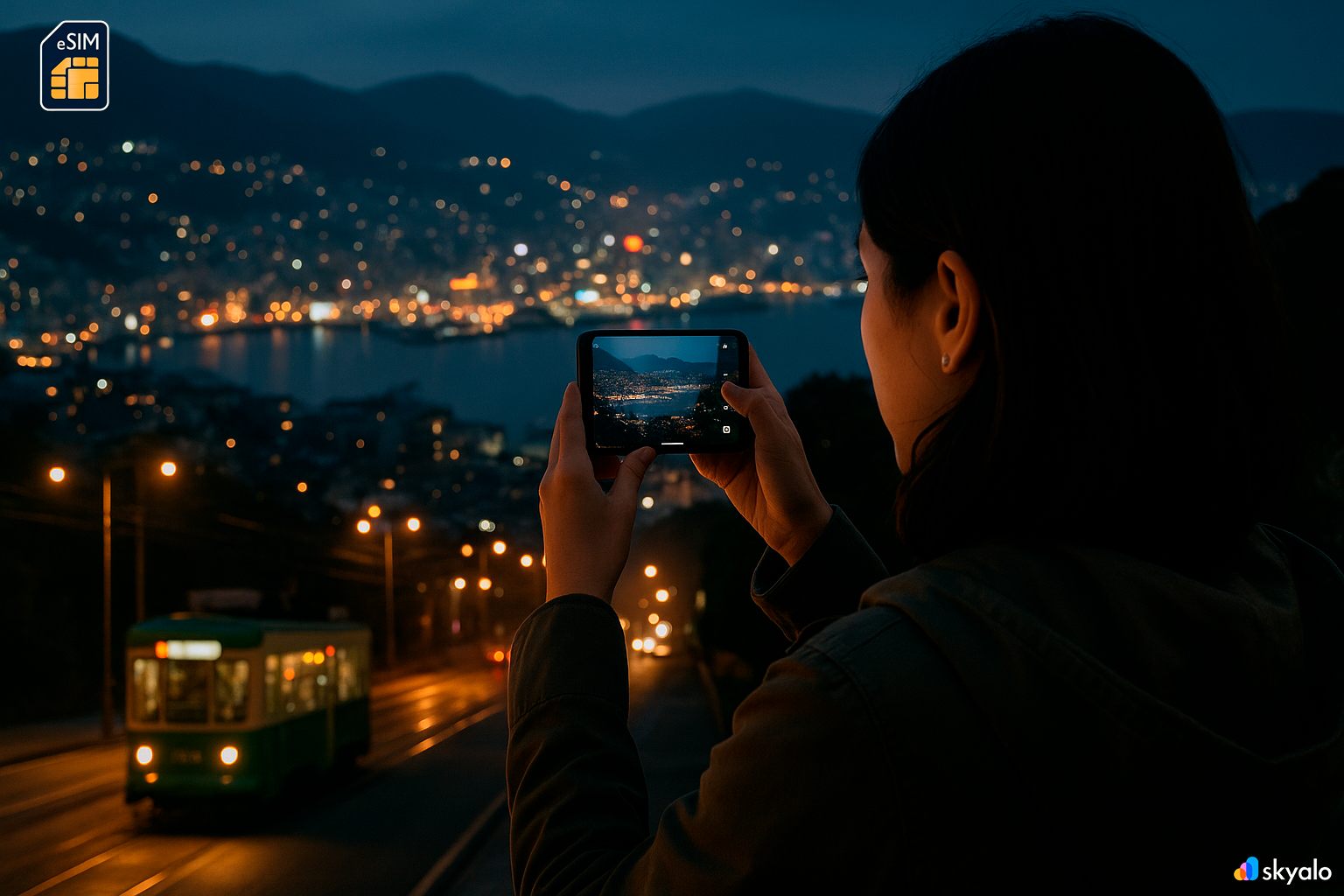 Night lights over Nagasaki Bay; smartphone with eSIM active, trams and hillside homes below