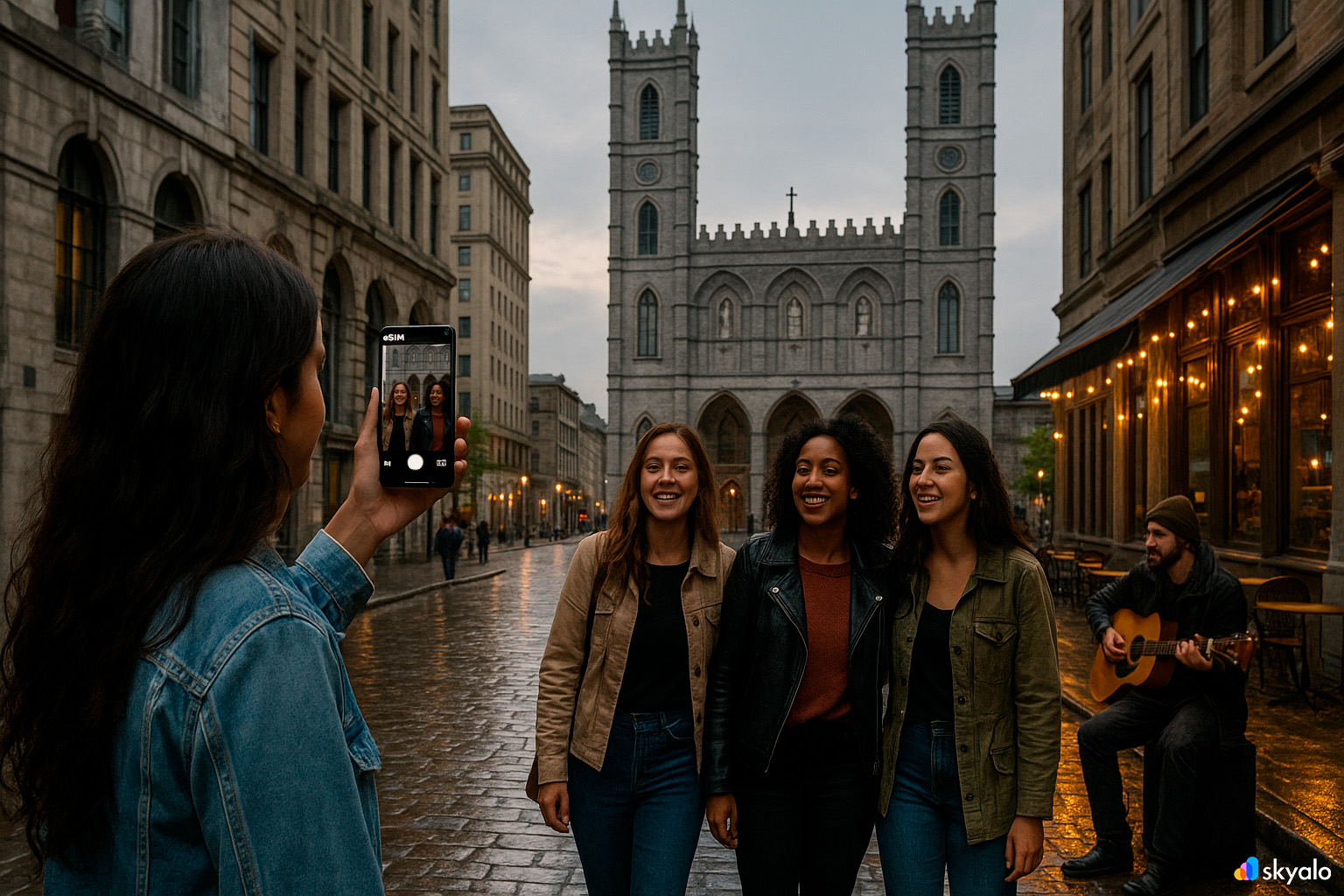 Woman photographing friends by Notre-Dame Basilica; phone with eSIM, cobblestones and soft evening lights