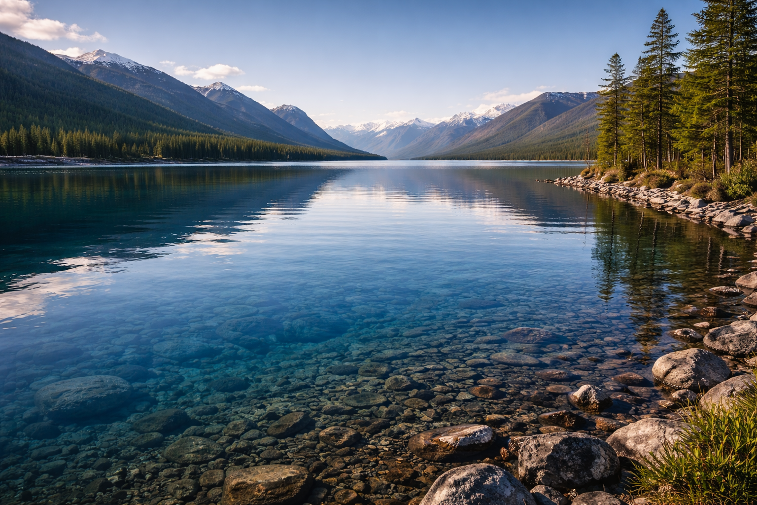 Lago Khövsgöl con agua cristalina, orilla montañosa, bosques y la tranquila atmósfera del norte de Mongolia