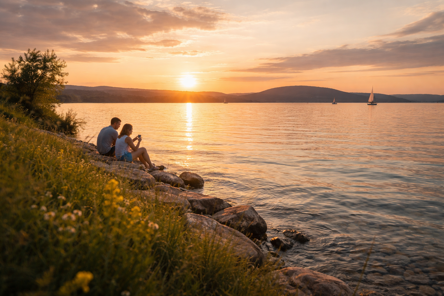 אגם בלטון בשקיעה עם תיירים ברקע שנחים ליד המים