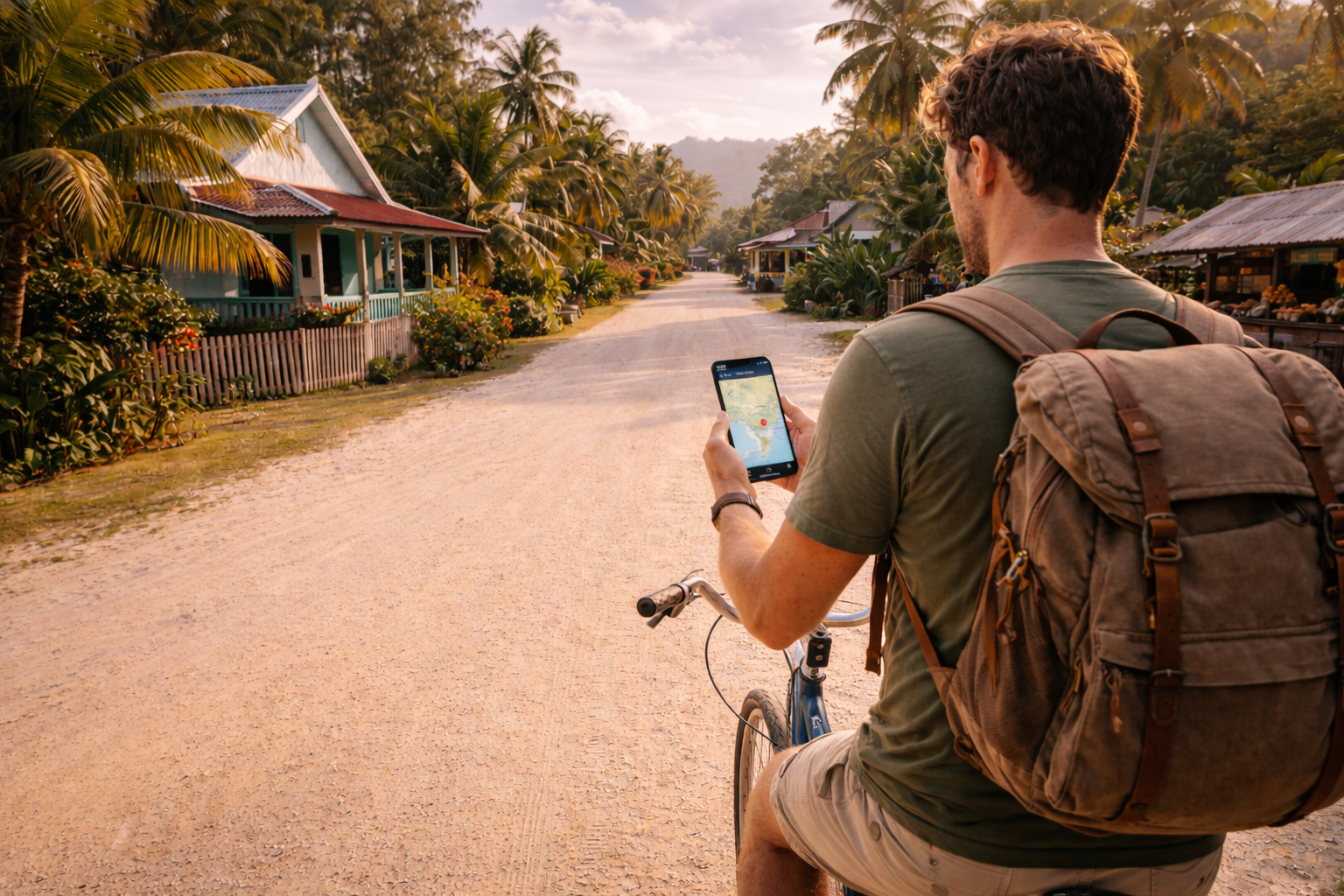 جزيرة لا ديغ بطريقها الاستوائي والدراجات، ومسافر يستخدم eSIM للتنقل
