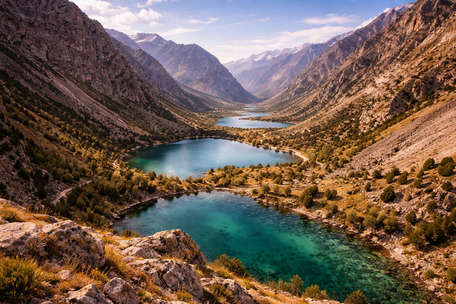 אגמי מרגוזור בטג'יקיסטן עם עמק הררי, מים צלולים, מדרונות סלעיים ואור שמש חמים.