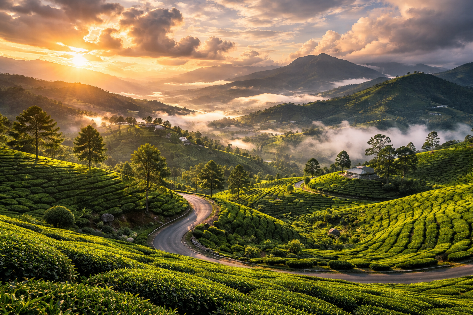 منّار کی لہردار چائے کی زمینیں، بل کھاتی سڑک، گھنی سبز پہاڑیاں، ہلکی دھند اور جنوبِ ہند کی تازہ پہاڑی فضا۔