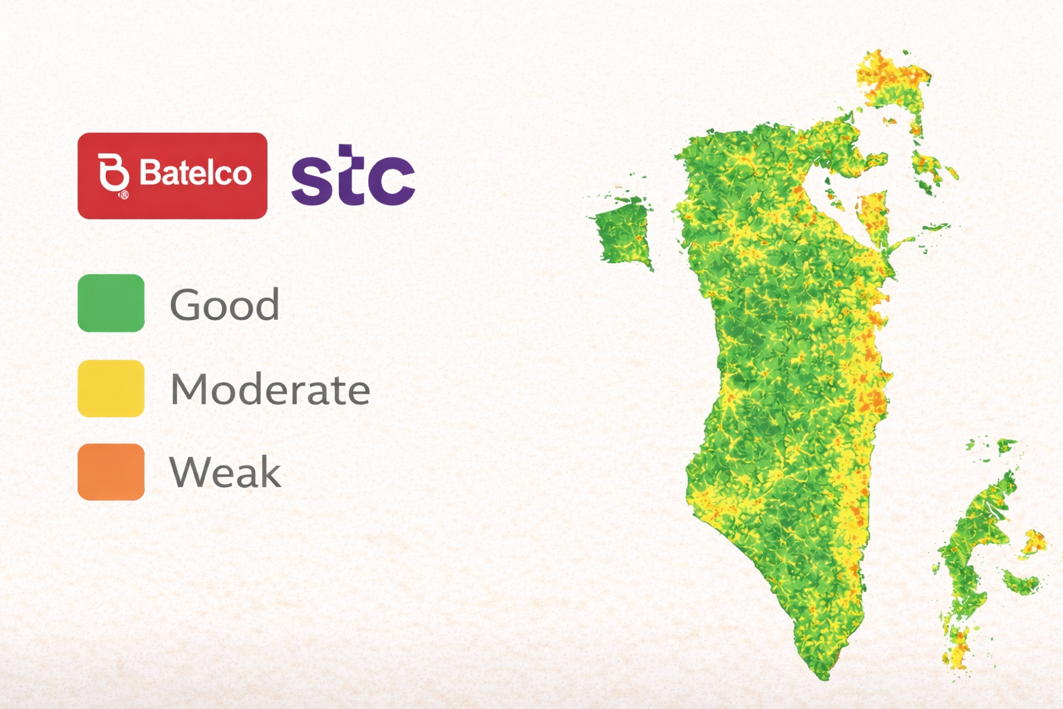 מפת כיסוי של מפעילי סלולר בבחריין עם אזורי קליטה חזקה, בינונית וחלשה