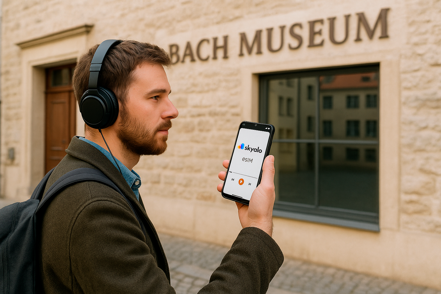 Bach Museum in Leipzig; a tourist listens to an audio guide on a smartphone with a Skyalo eSIM