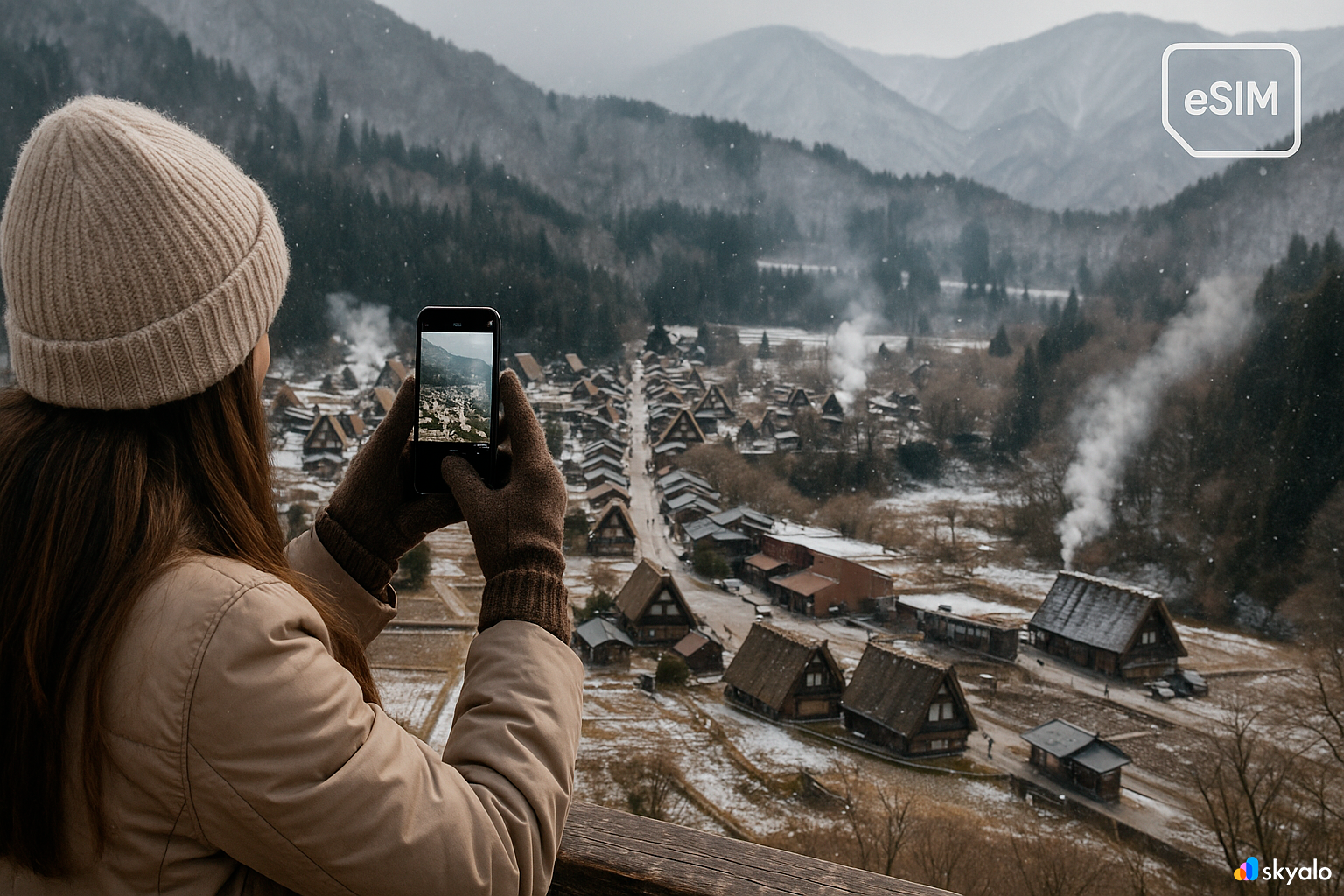 View of Shirakawa-go from the hillside; snowy rooftops, smoke rising, mountains behind, sharing photos via eSIM