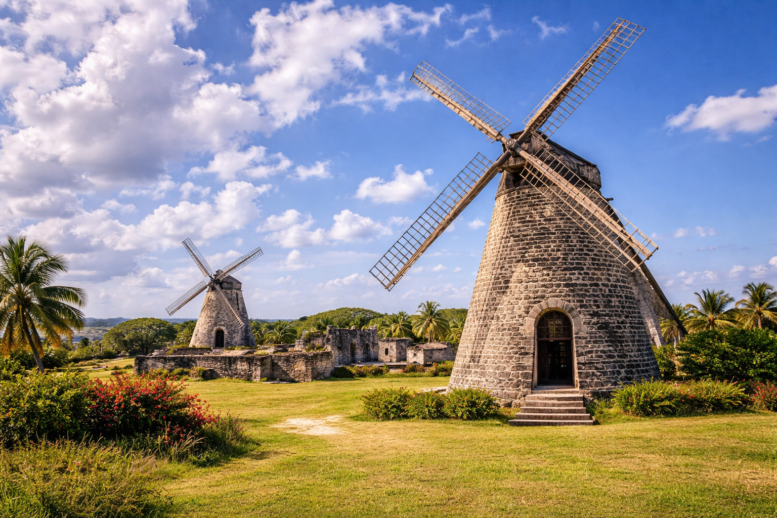 The historic Betty’s Hope plantation in Antigua with stone windmills set against a Caribbean landscape