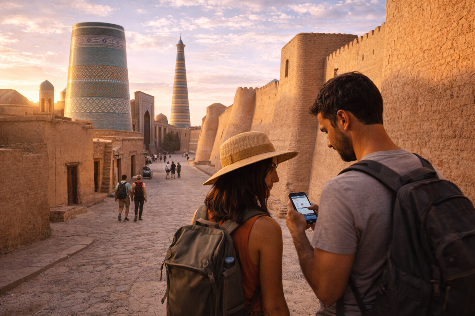 I turisti usano uno smartphone con eSIM e internet durante una passeggiata a Itchan-Kala a Khiva